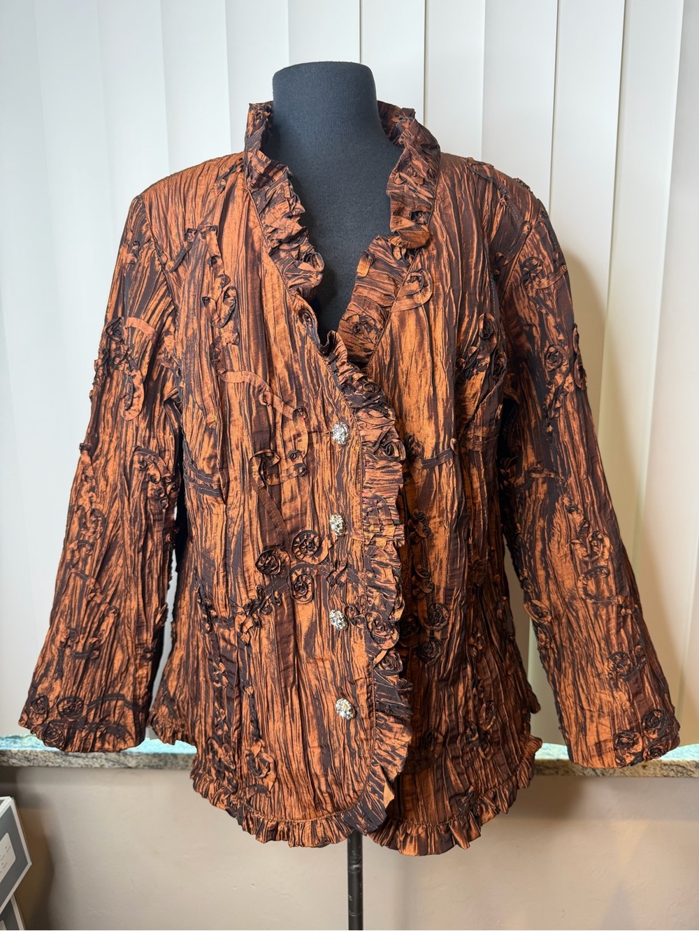 Goldwater Creek Ruffled Textured Metallic Copper Jacket Rhinestone Buttons SZ 20 - Picture 2 of 8